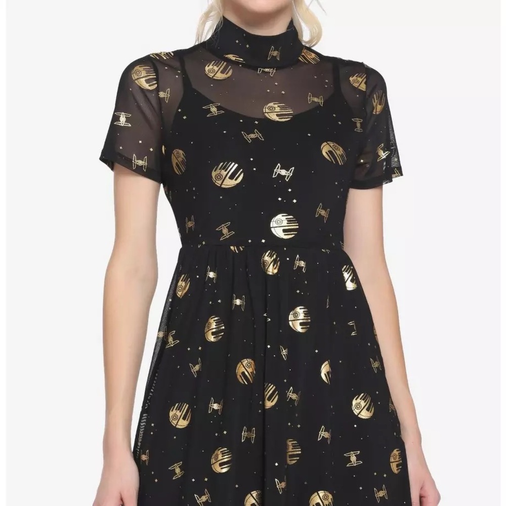 Lucasfilm 50th Anniversary Star Wars Gold & Black Death Star Mock Neck Dress